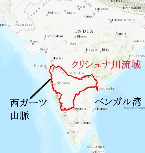 図１：インド亜大陸とクリシュナ川流域