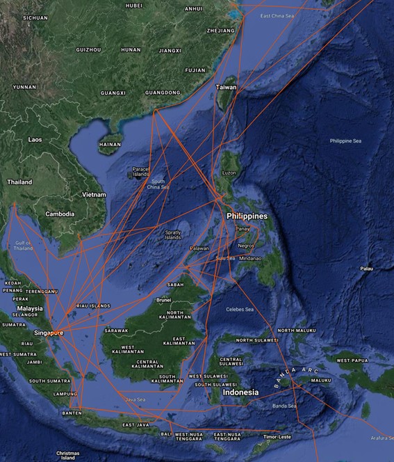 Visualization and Analysis of Shipping Intelligence 1：The navigation route of steamships in Southeast Asia