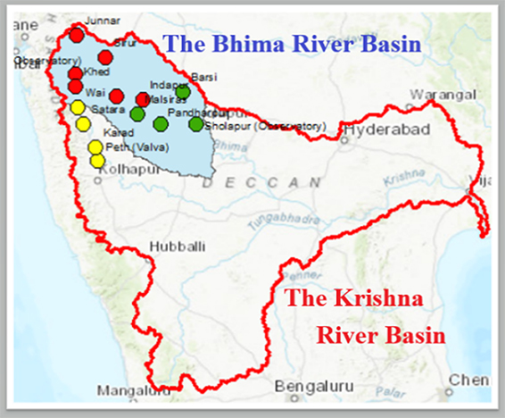Figure 2: The Bhima River Basin and Rain Observation Points